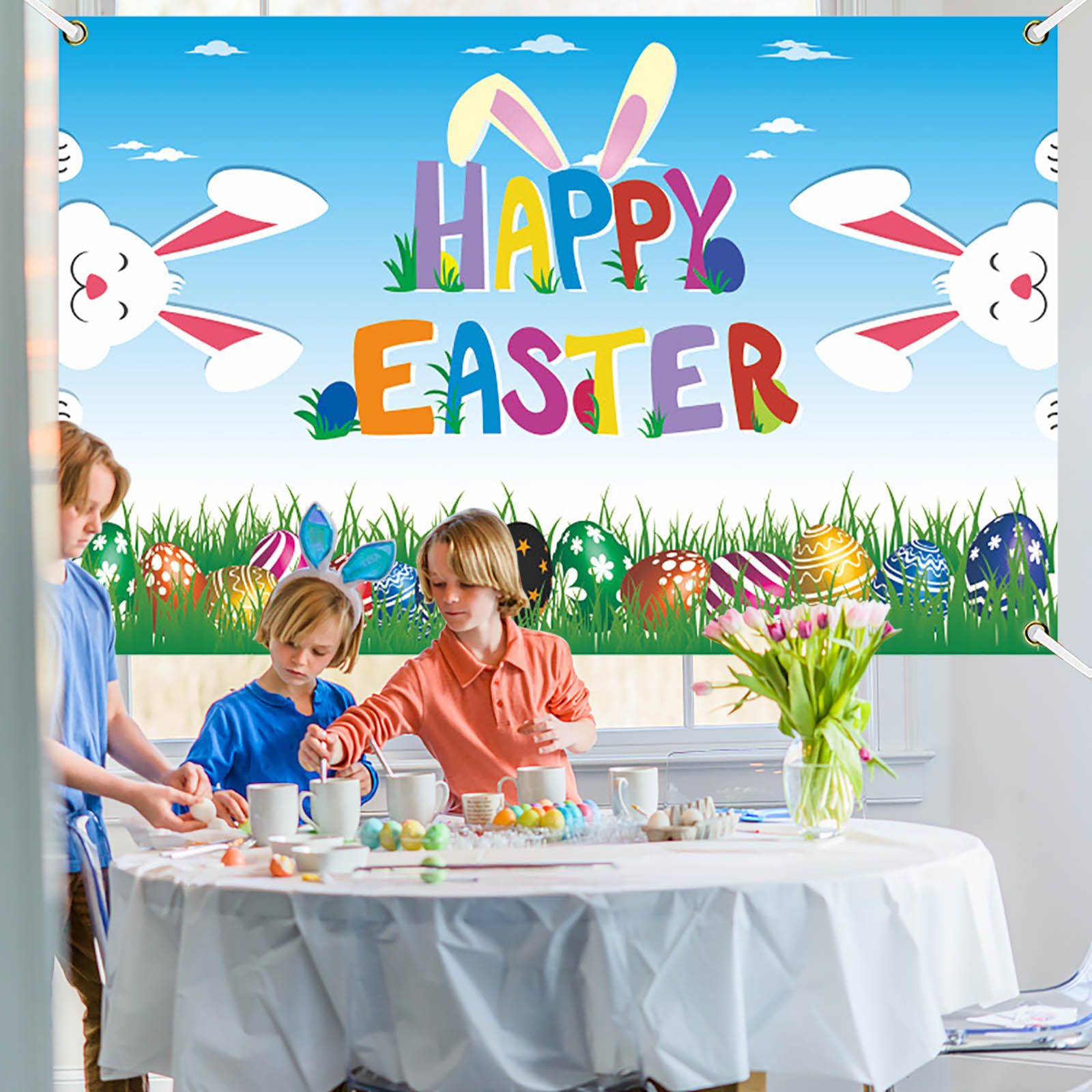 YingYouFu 5.9X3.7Ft Polyester Spring Easter Backdrops, White Wall Colorful Eggs Rabbits Photography Background for Birthday, Babys Showers Partys Decor, Portraits Banner, Photo Booths Studios Prop